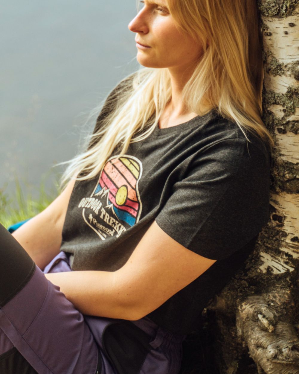 Dark Anthracite Melange coloured Pinewood Womens Finnveden Recycled Outdoor T-Shirt on lake background