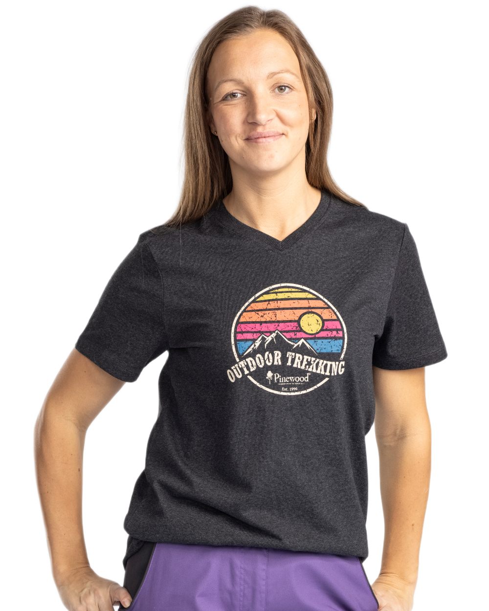 Dark Anthracite Melange coloured Pinewood Womens Finnveden Recycled Outdoor T-Shirt on white background