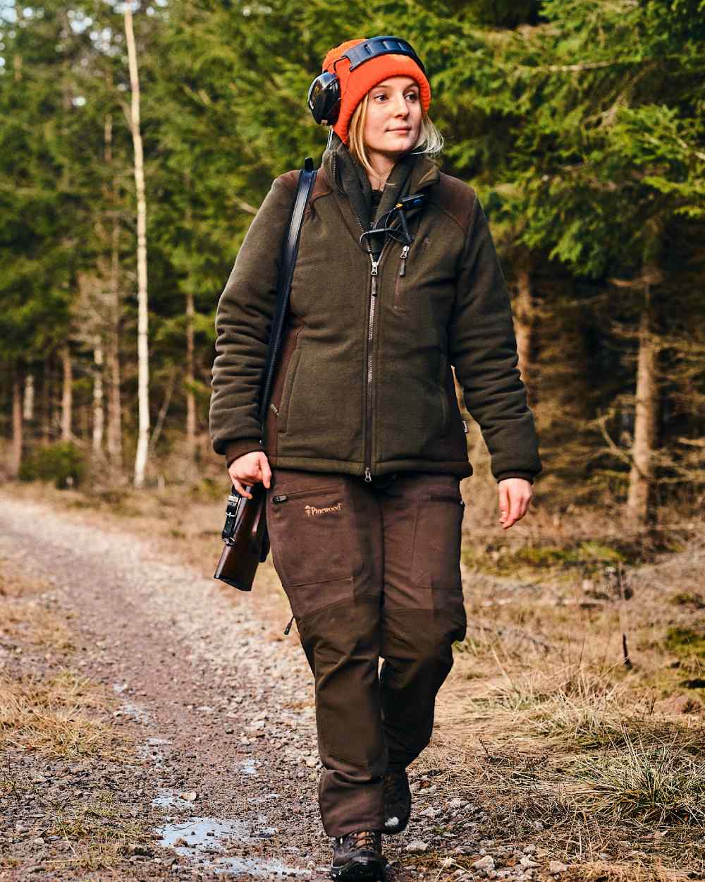 Green Suede Brown Coloured Pinewood Womens Harriette Padded Fleece Jacket on forest background
