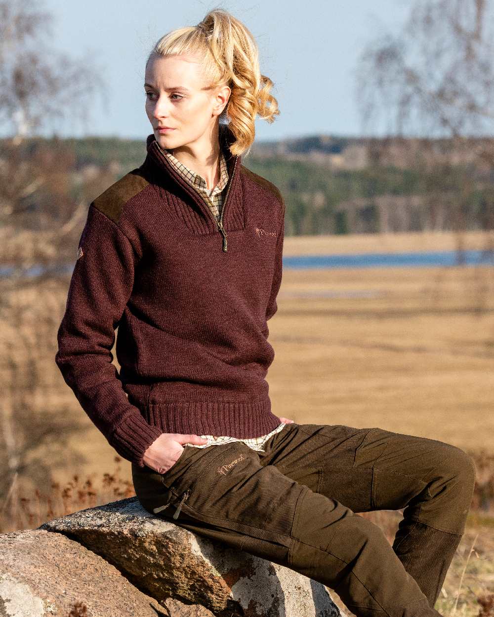 Dark Burgundy Mel Coloured Pinewood Womens Hurricane Knitted Sweater on outdoor background