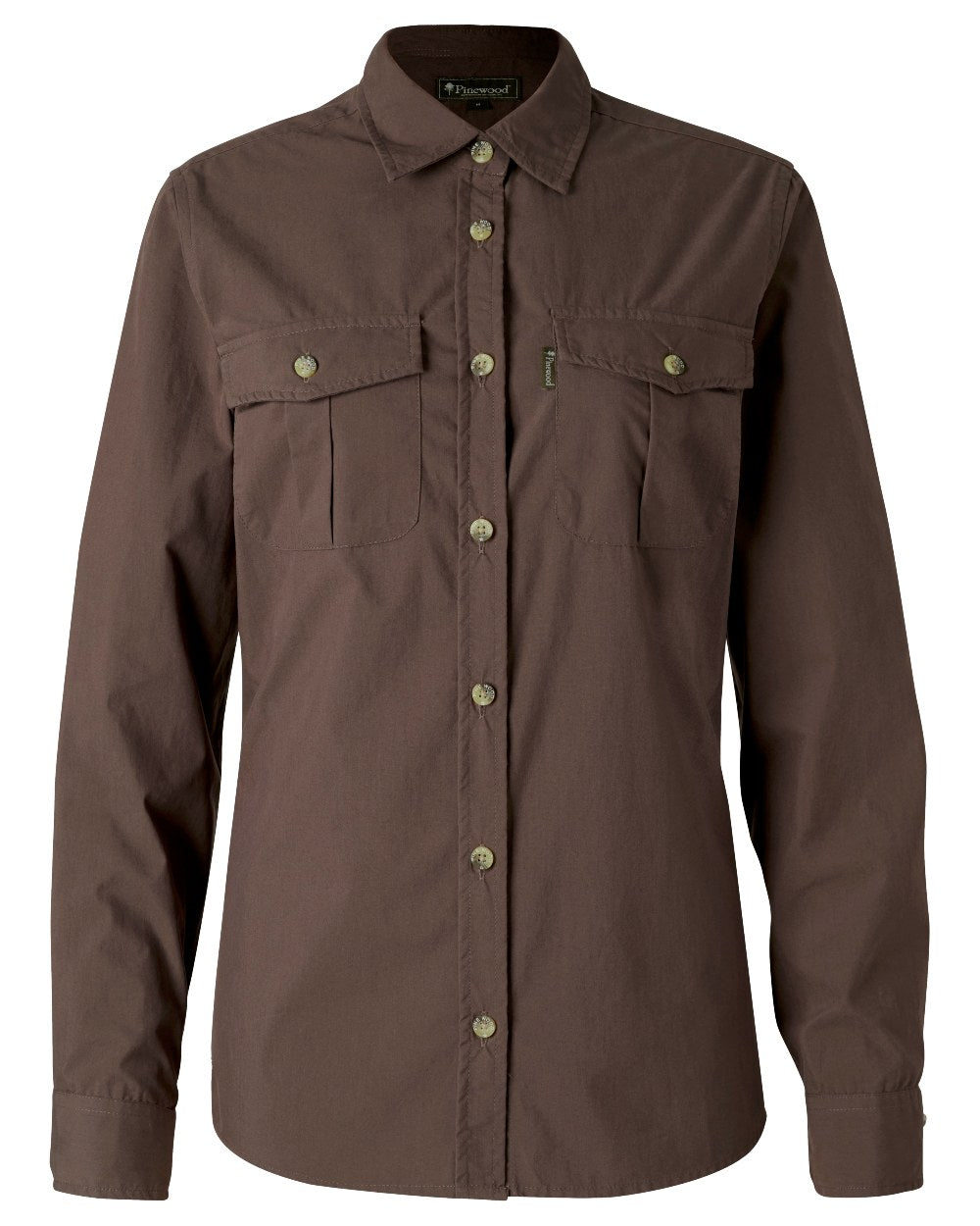 Dark Olive coloured Pinewood Womens InsectSafe Poplin Long Sleeve Shirt on white background