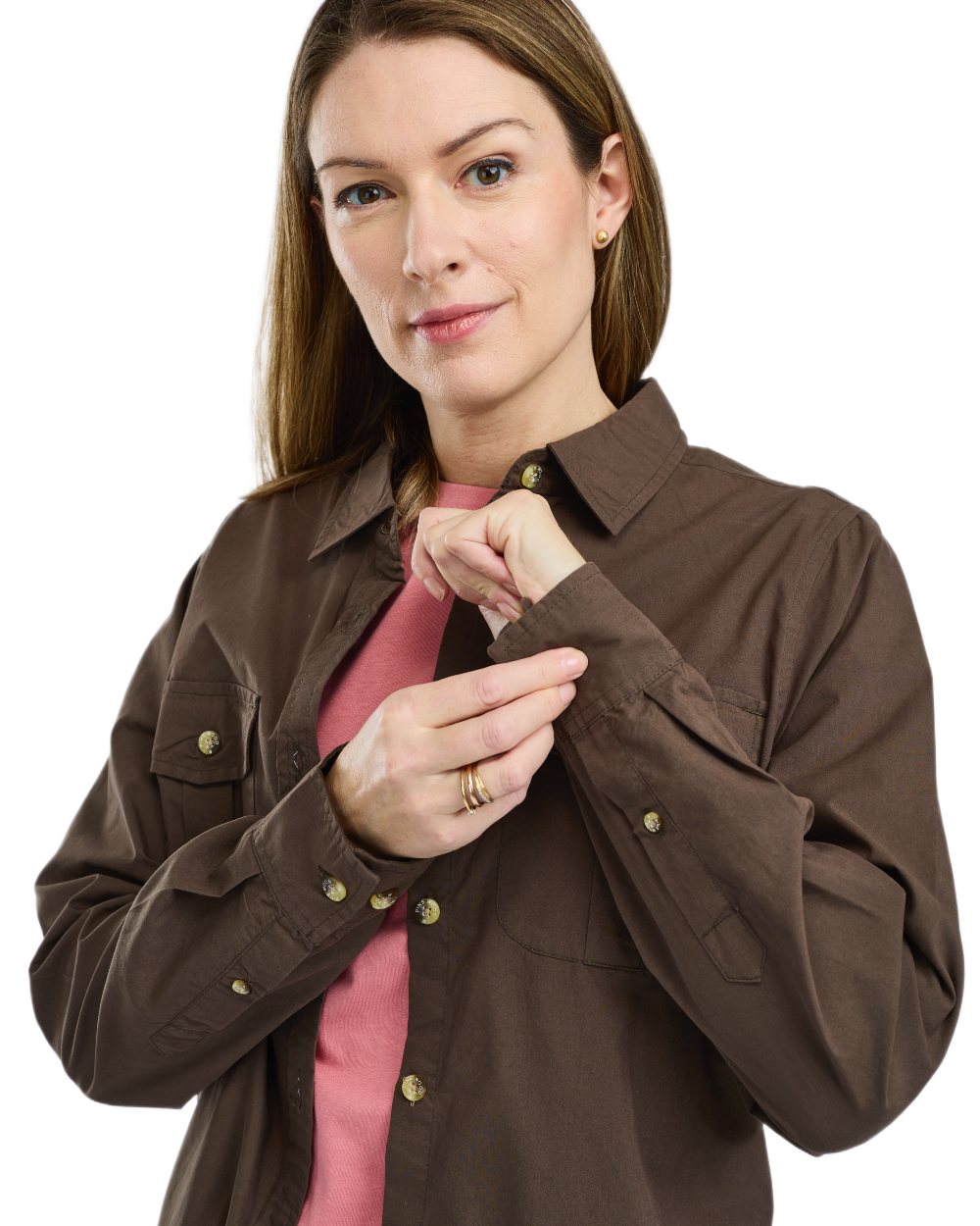 Dark Olive coloured Pinewood Womens InsectSafe Poplin Long Sleeve Shirt on white background