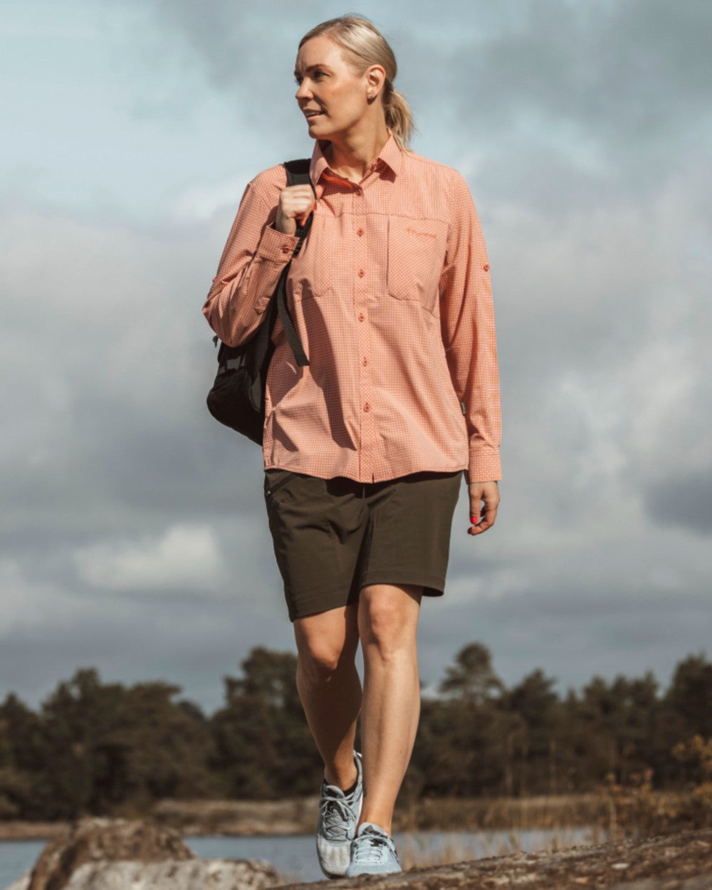 Brick Pink Off White coloured Pinewood Womens Insectsafe Shirt on sea background