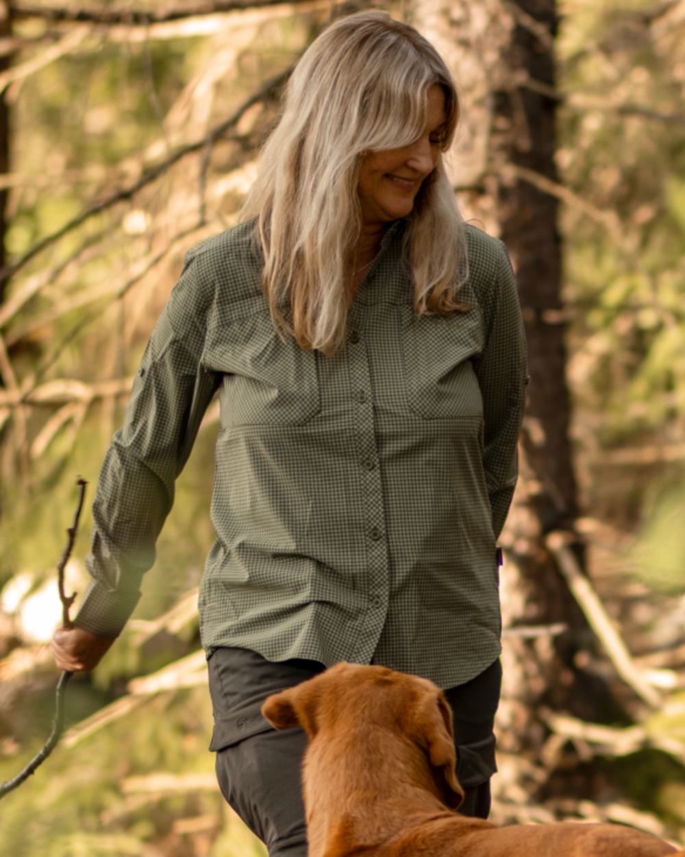 Pine Green Off White coloured Pinewood Womens Insectsafe Shirt on forest background