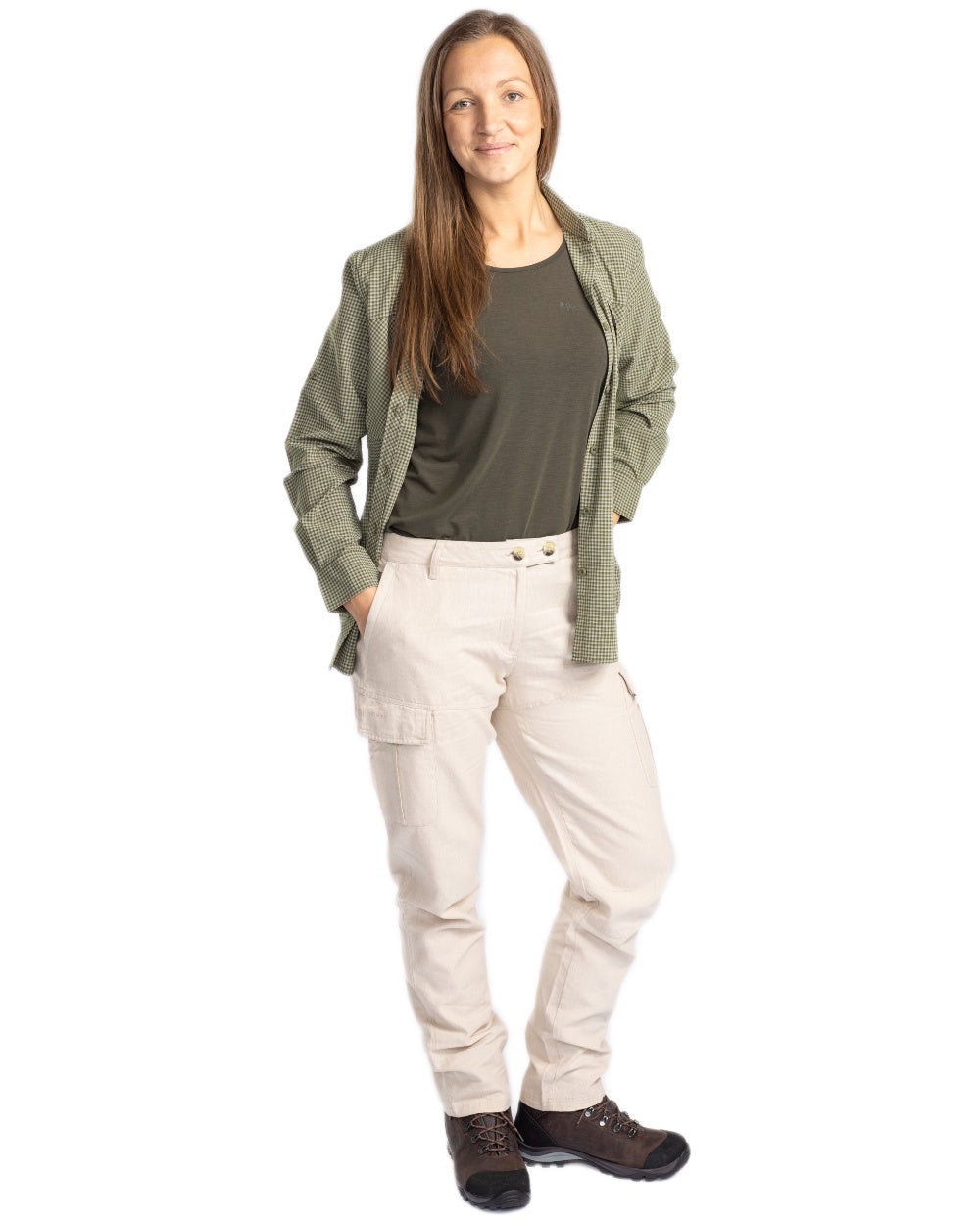 Pine Green Off White coloured Pinewood Womens Insectsafe Shirt on white background