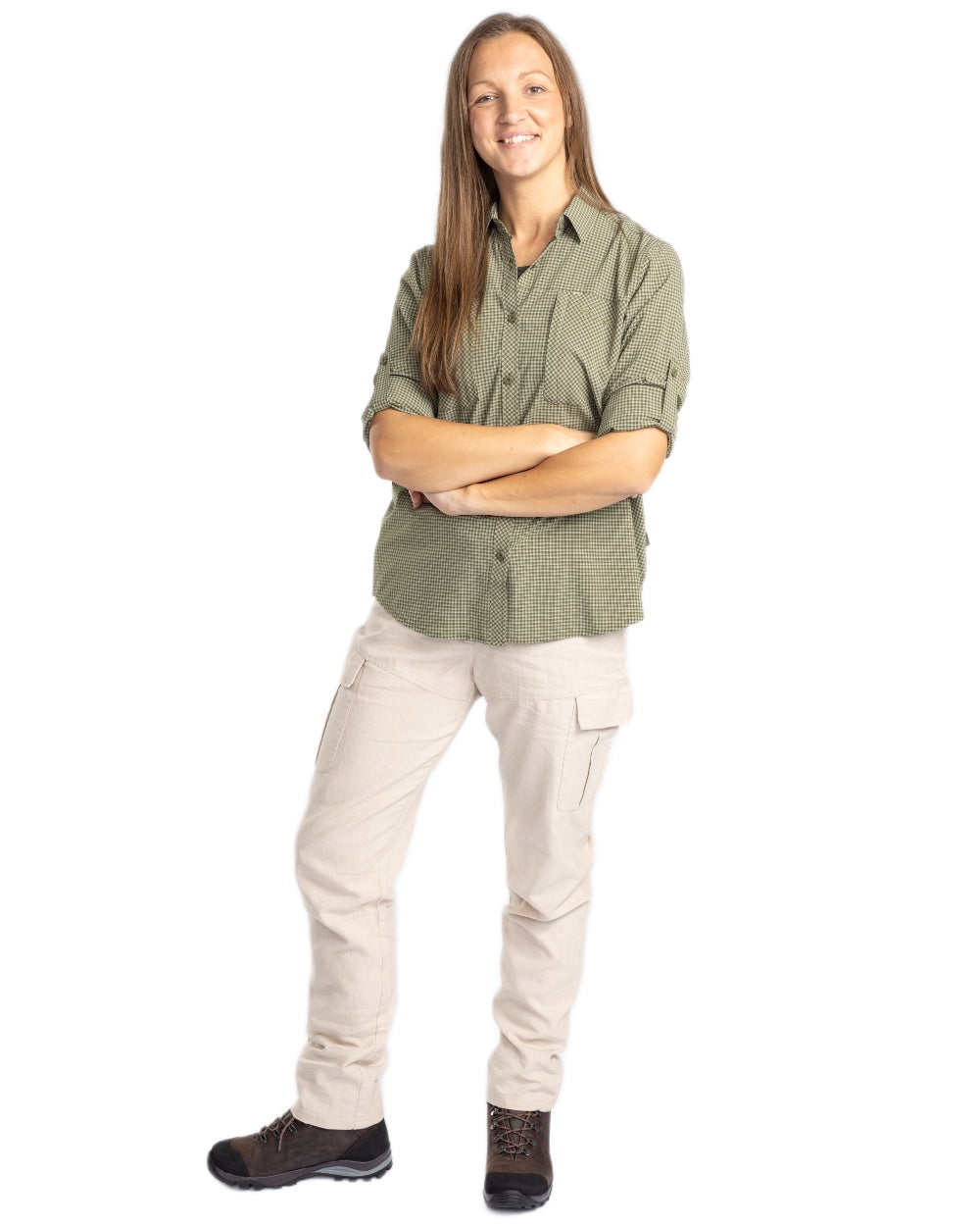 Pine Green Off White coloured Pinewood Womens Insectsafe Shirt on white background