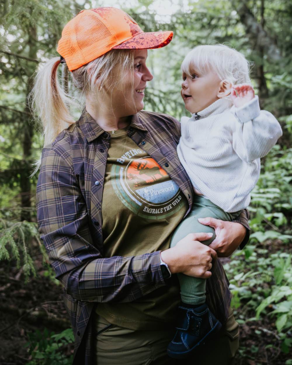 Hunter Olive coloured Pinewood Womens Moose T-Shirt on forest background