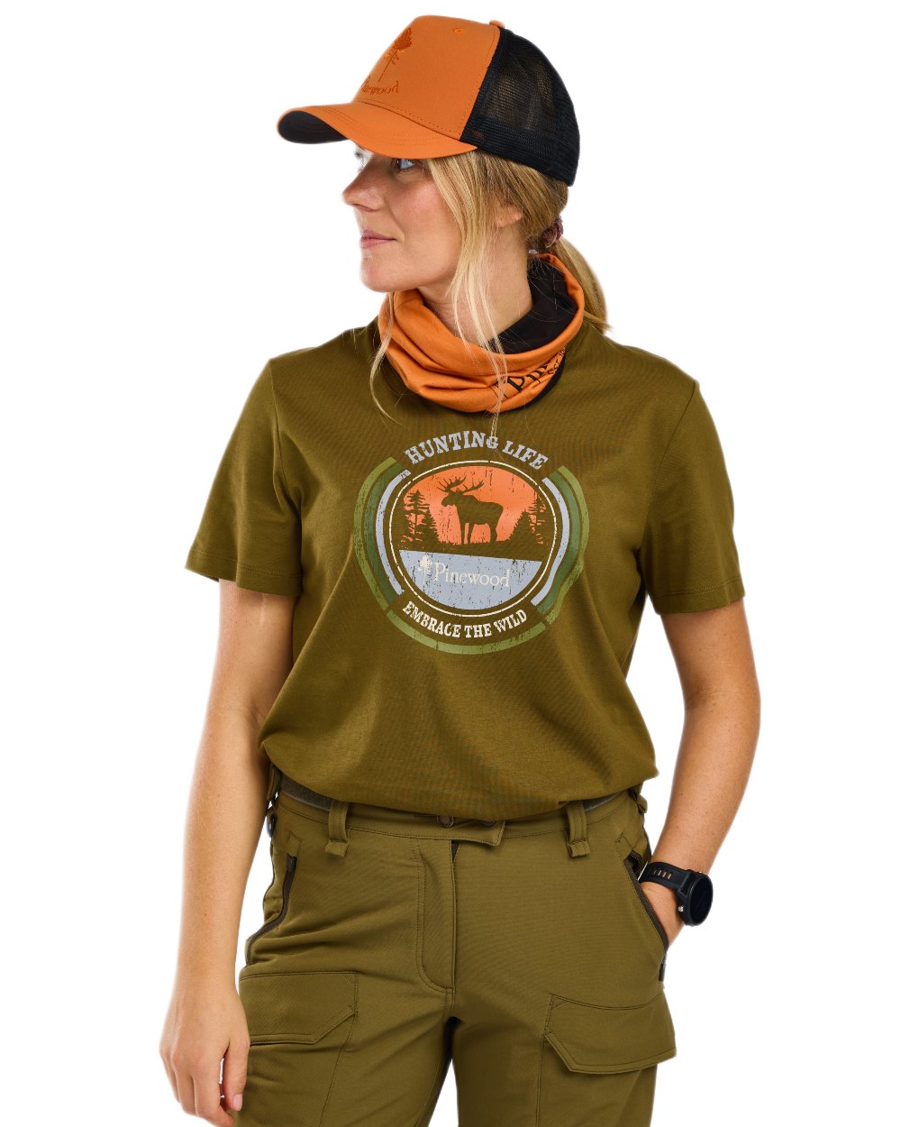 Hunter Olive coloured Pinewood Womens Moose T-Shirt on white background