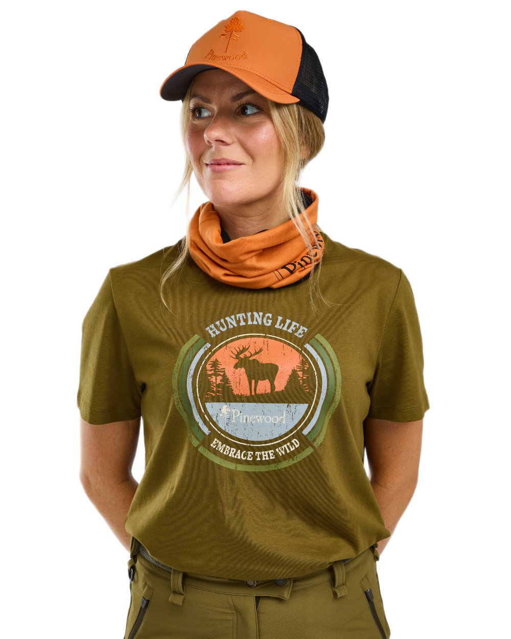 Hunter Olive coloured Pinewood Womens Moose T-Shirt on white background