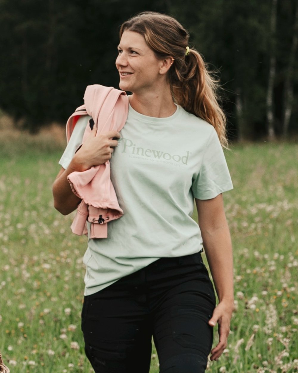 Frosty Green coloured Pinewood Womens Outdoor Life T-Shirt on forest background