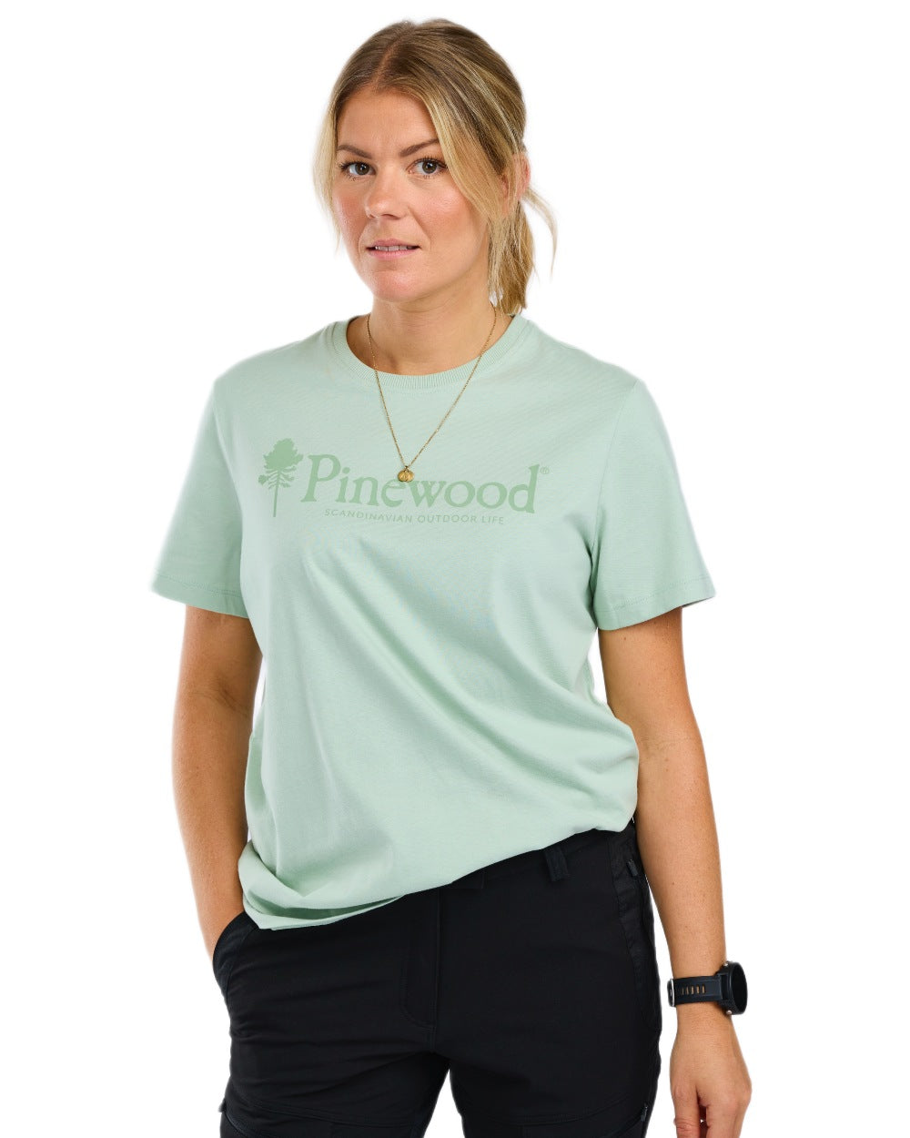 Frosty Green coloured Pinewood Womens Outdoor Life T-Shirt on white background