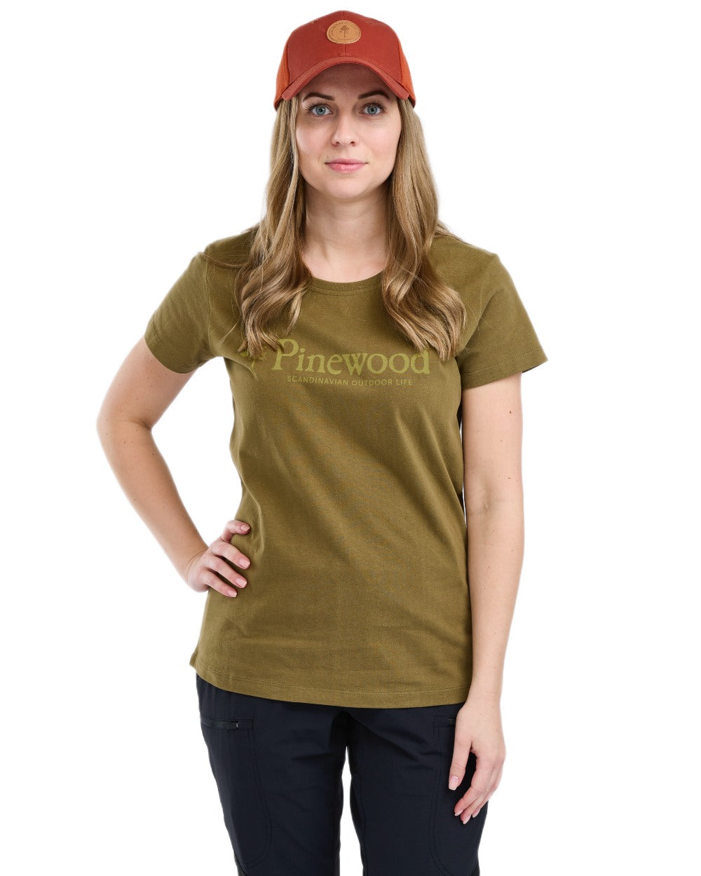 Hunter Olive coloured Pinewood Womens Outdoor Life T-Shirt on white background