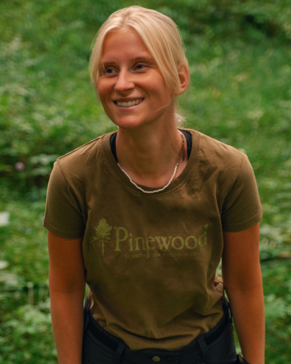 Hunter Olive coloured Pinewood Womens Outdoor Life T-Shirt on forest background