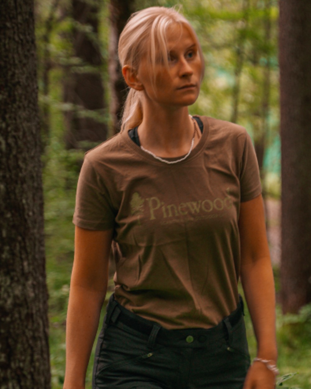 Hunter Olive coloured Pinewood Womens Outdoor Life T-Shirt on forest background