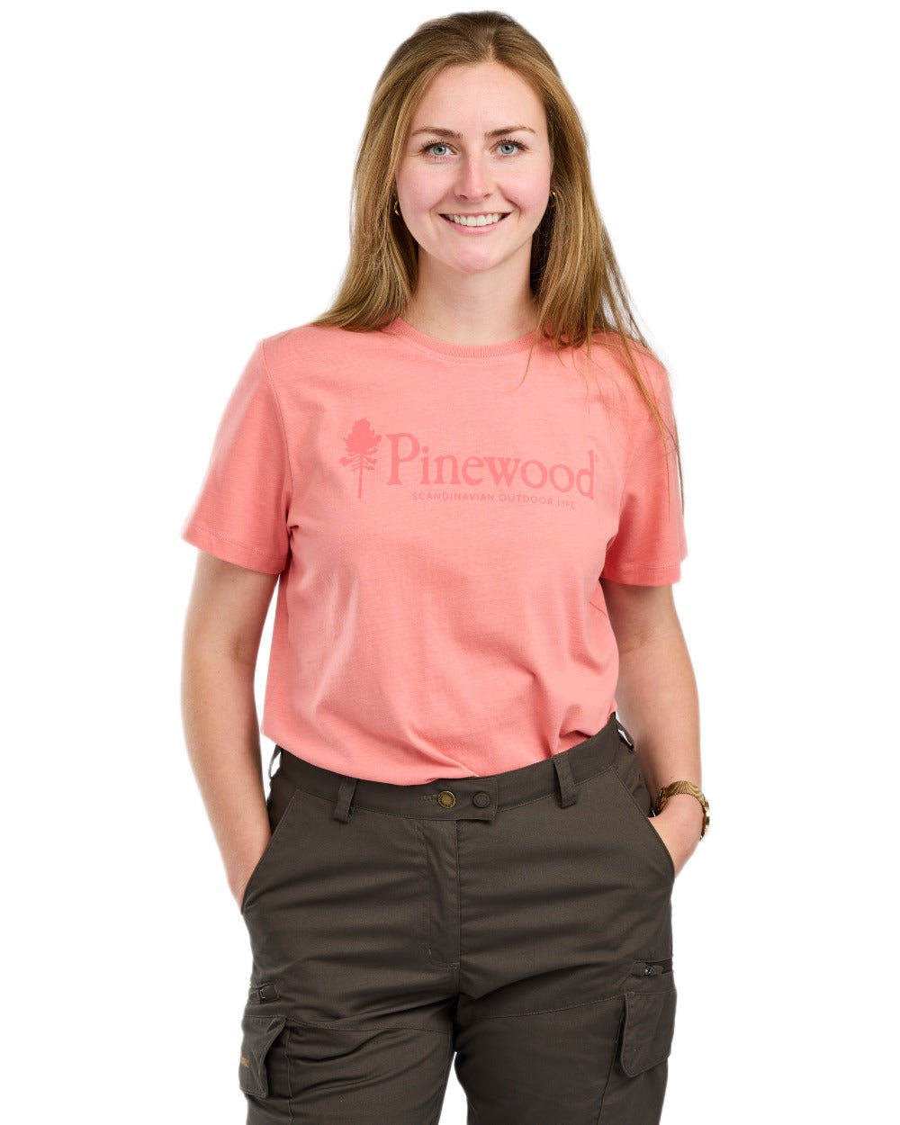Lantana Pink coloured Pinewood Womens Outdoor Life T-Shirt on white background