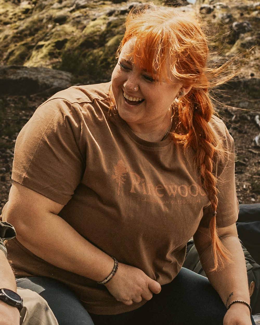 Nougat coloured Pinewood Womens Outdoor Life T-Shirt on forest background