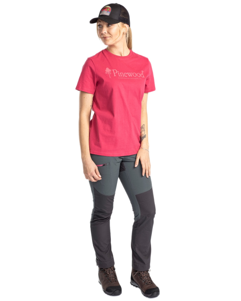 Raspberry Pink coloured Pinewood Womens Outdoor Life T-Shirt on white background