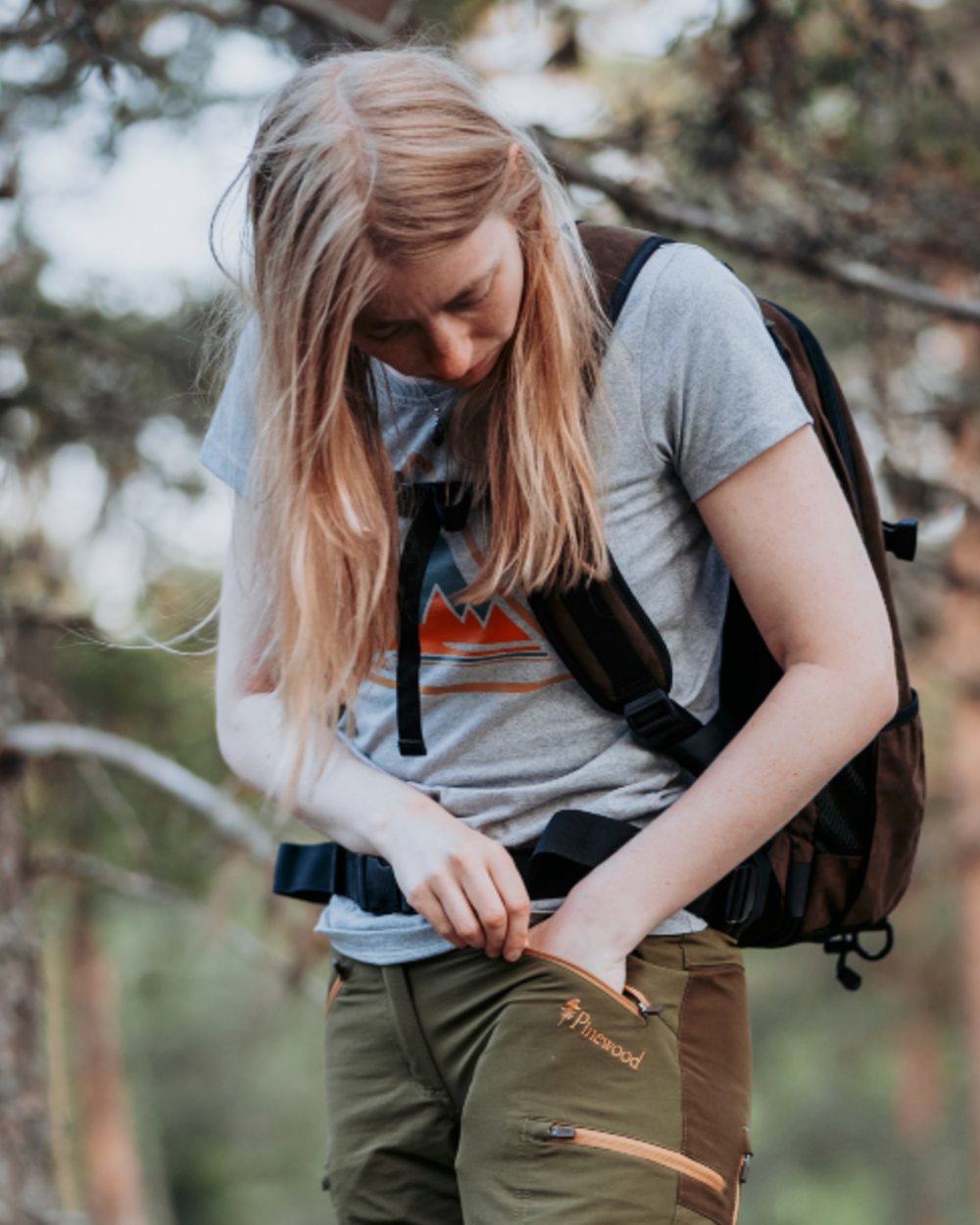 Light Grey Melange coloured Pinewood Womens Outdoor Trekker T-Shirt on forest background