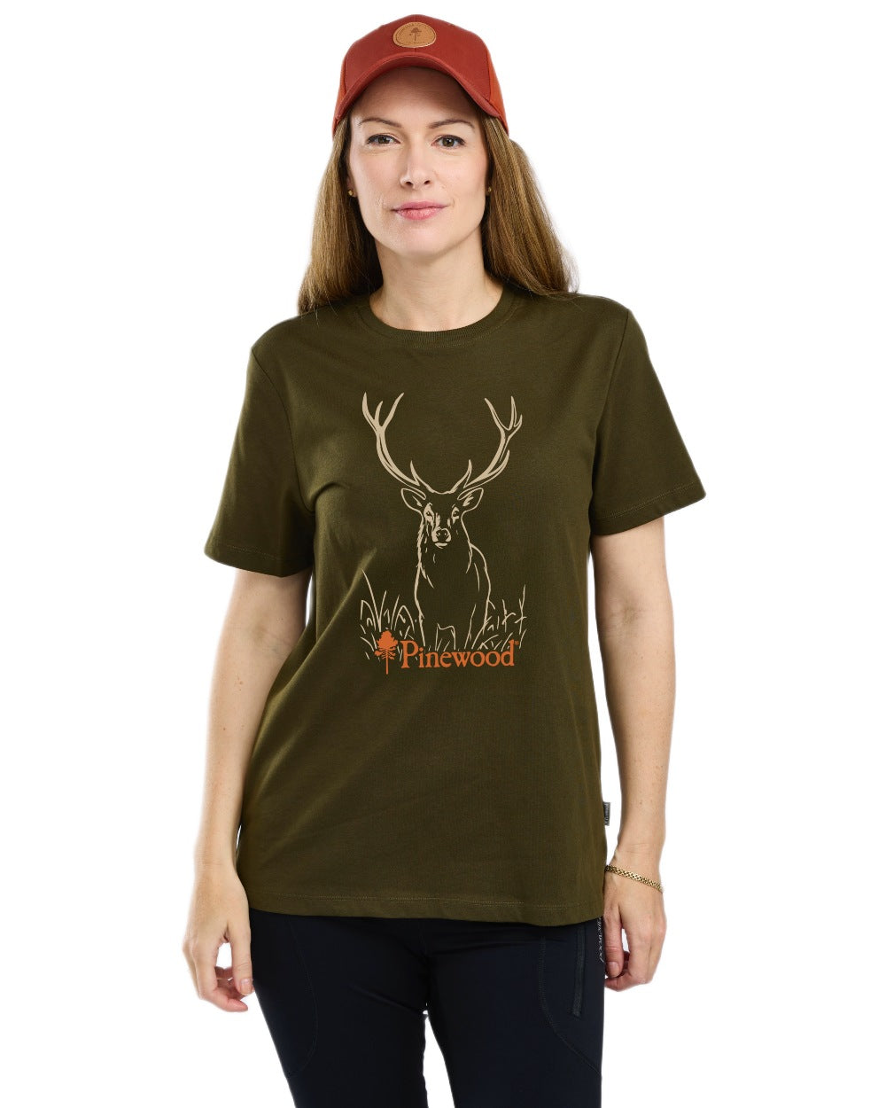 Olive coloured Pinewood Womens Red Deer T-Shirt on white background