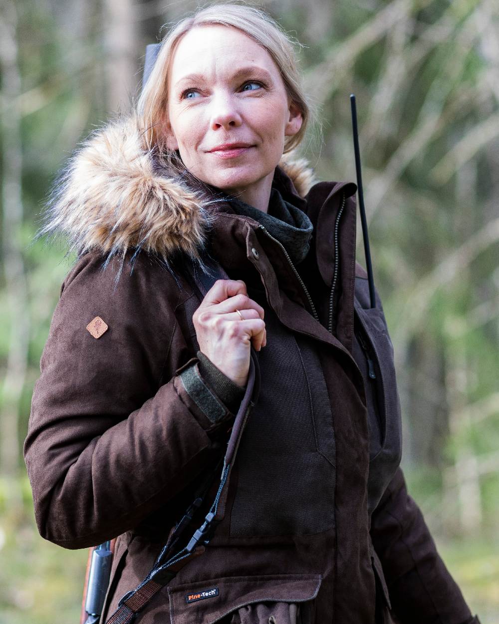 Suede Brown Coloured Pinewood Womens Smaland Abisko 2.0 Hunting Jacket on forest background