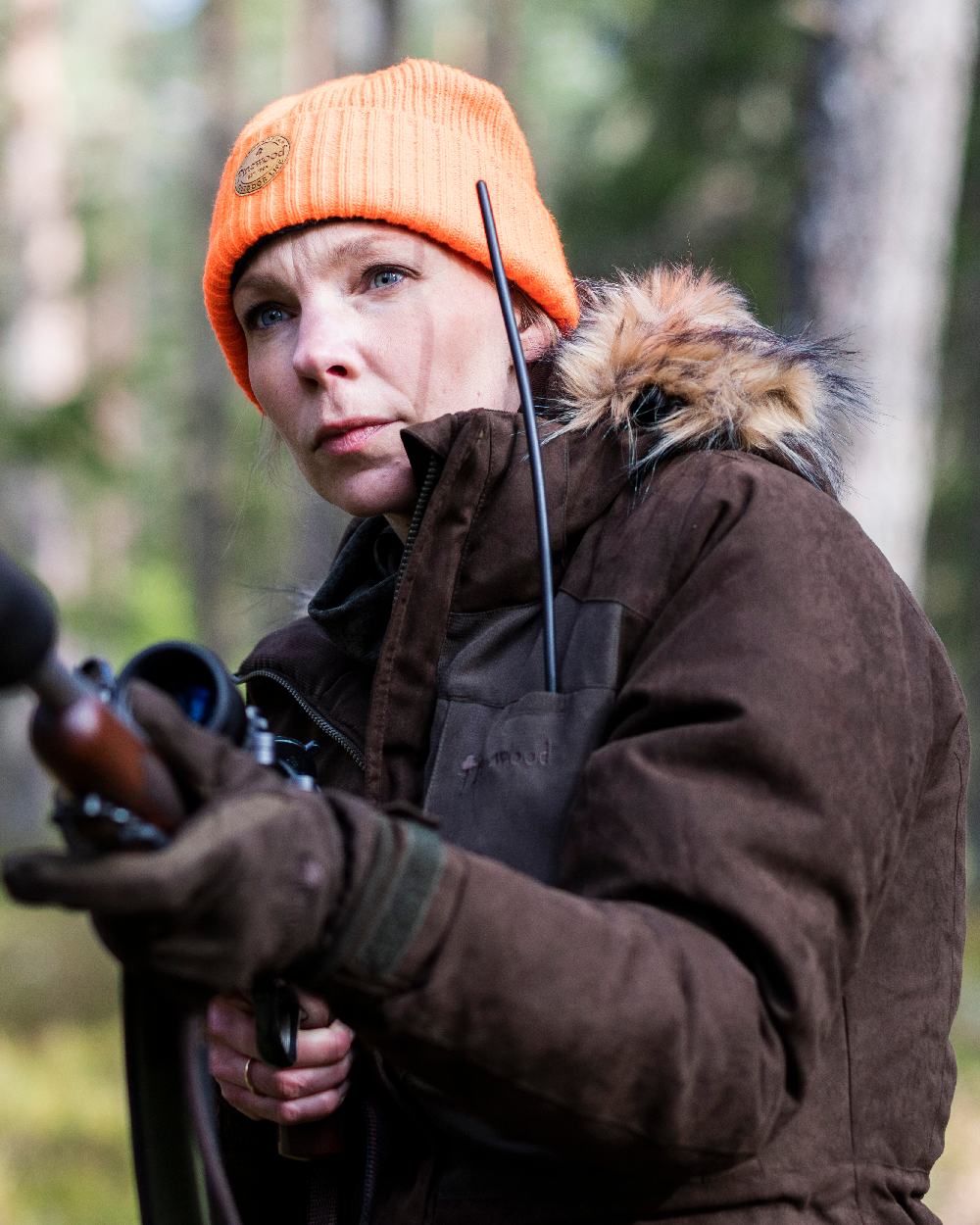 Suede Brown Coloured Pinewood Womens Smaland Abisko 2.0 Hunting Jacket on forest background