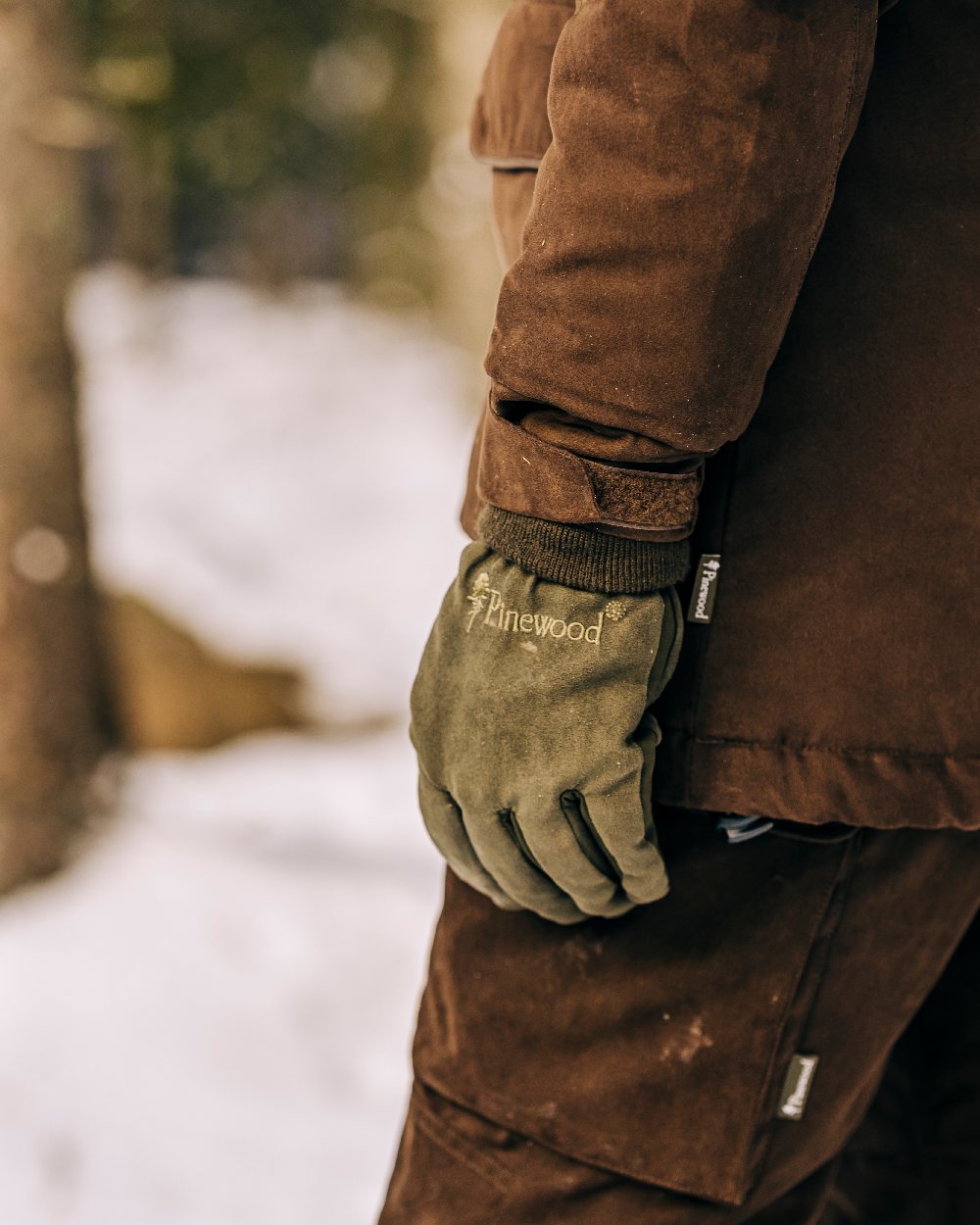 Suede Brown Coloured Pinewood Womens Smaland Abisko 2.0 Hunting Jacket on snow background