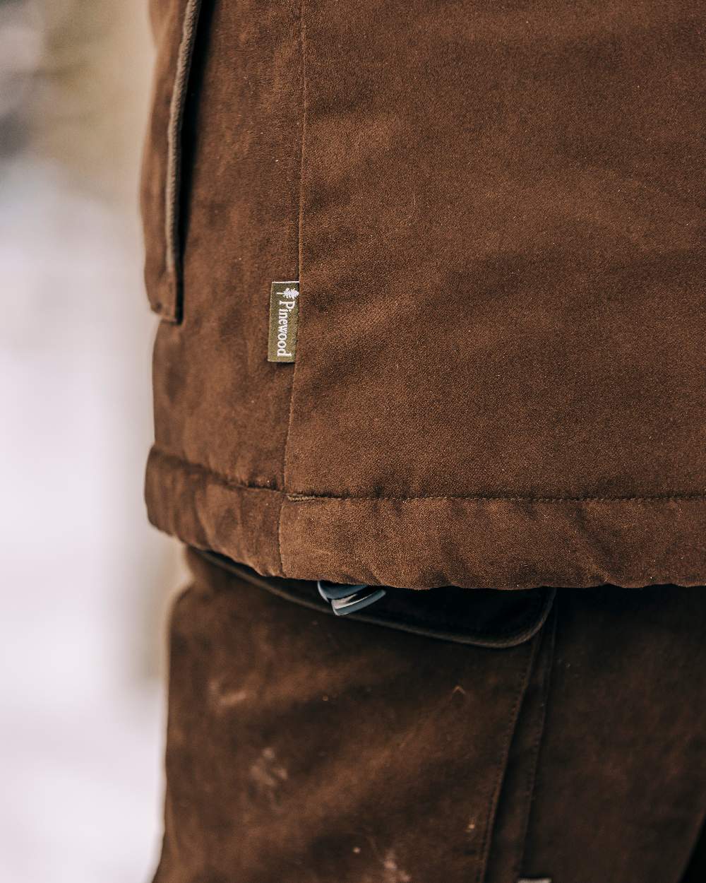 Suede Brown Coloured Pinewood Womens Smaland Abisko 2.0 Hunting Jacket on snow background