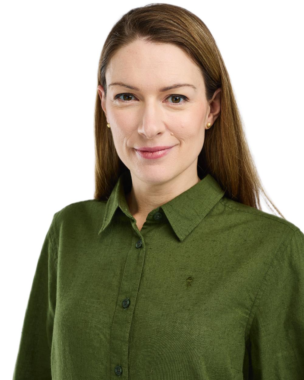 Pine Green coloured Pinewood Womens Varnamo InsectSafe Hemp Mix Long Sleeve Shirt on white background