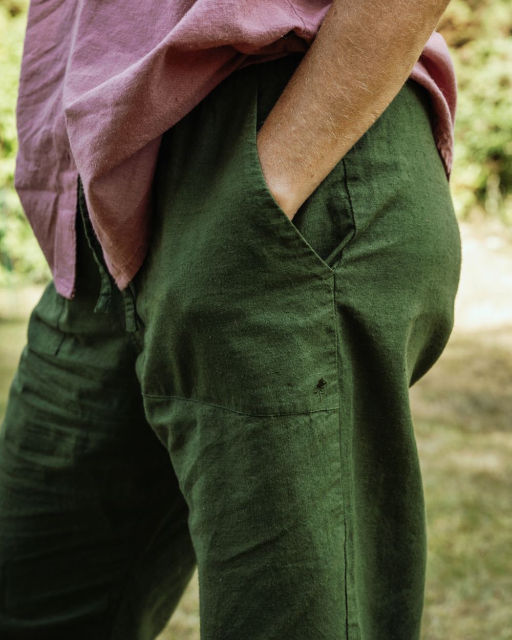 Pine Green coloured Pinewood Womens Varnamo InsectSafe Hemp Mix Trousers on outdoor background
