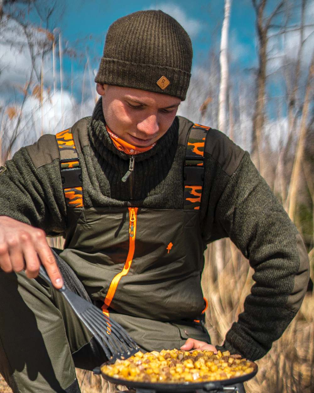 Mossgreen Mel Coloured Pinewood Wool Knitted Hat on outdoor background