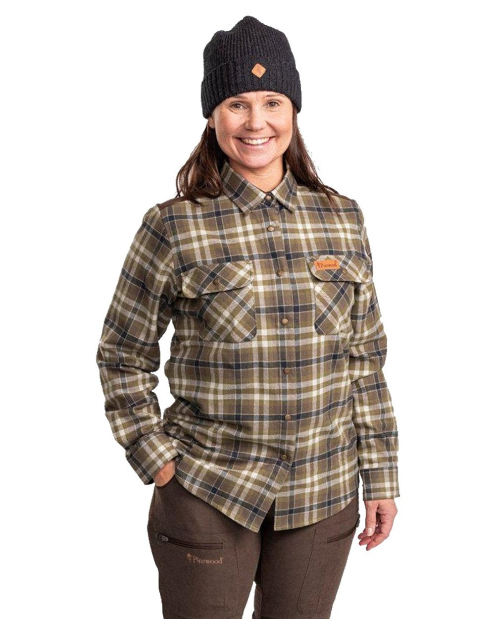 Hunting Olive Light Khaki coloured Pinewood Womens Douglas Shirt on white background