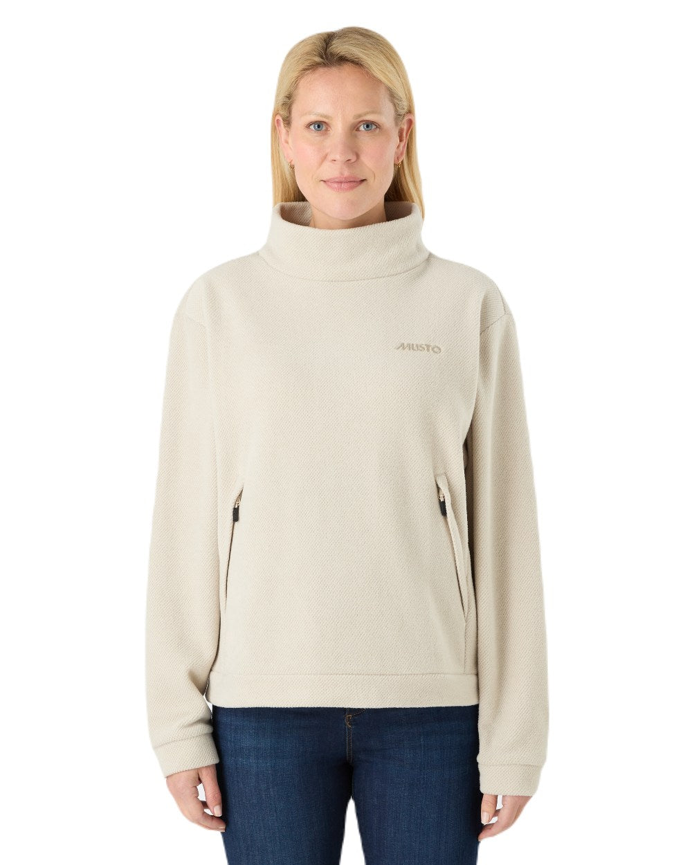 Pumice Coloured Musto Womens Classic Fleece Pullover On A White Background 