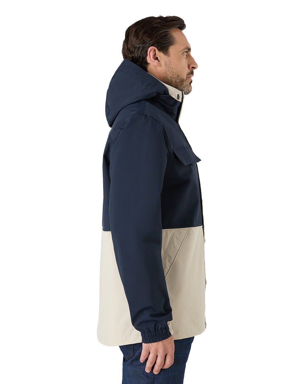 Pumice/Navy Coloured Musto Mens Classic Shore Waterproof Jacket On A White Background 