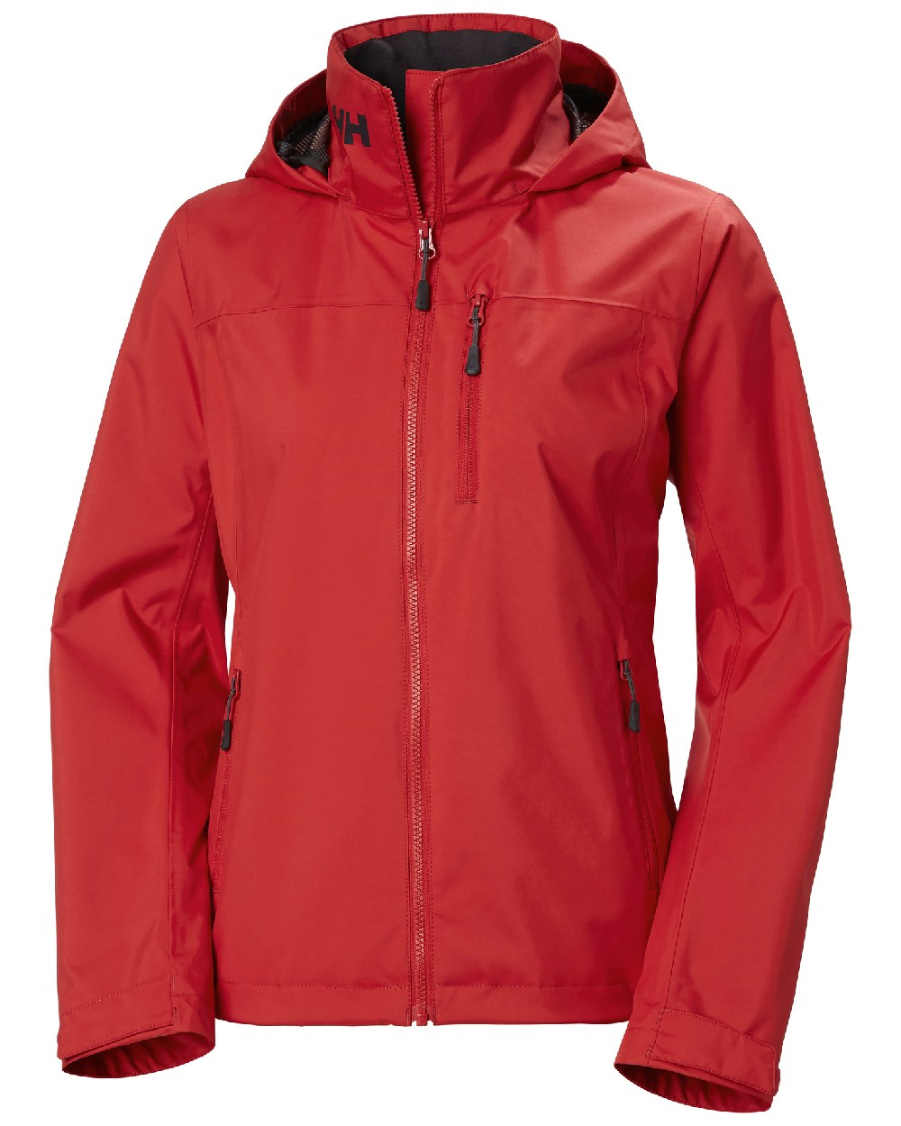 Red coloured Helly Hansen womens crew hooded sailing jacket 2.0 on white background 
