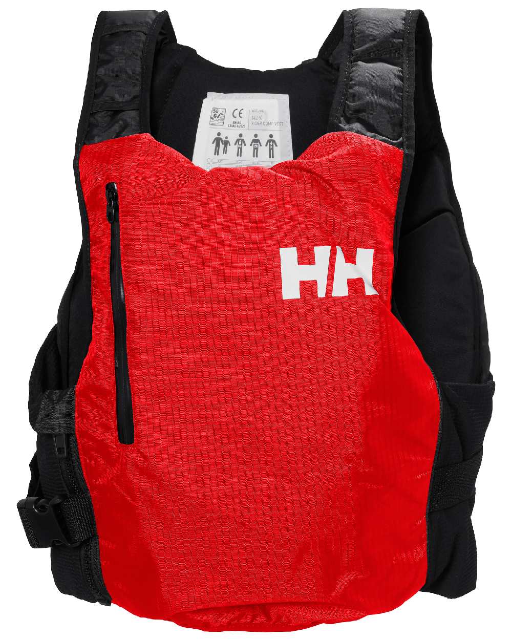 Alert Red coloured Helly Hansen Rider Foil Race Life Jacket on white background 
