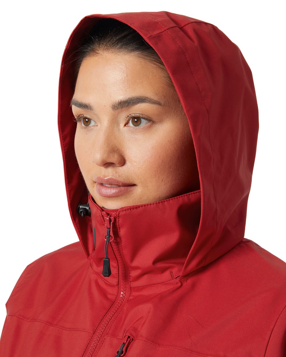Red coloured Helly Hansen womens crew hooded sailing jacket 2.0 on white background 