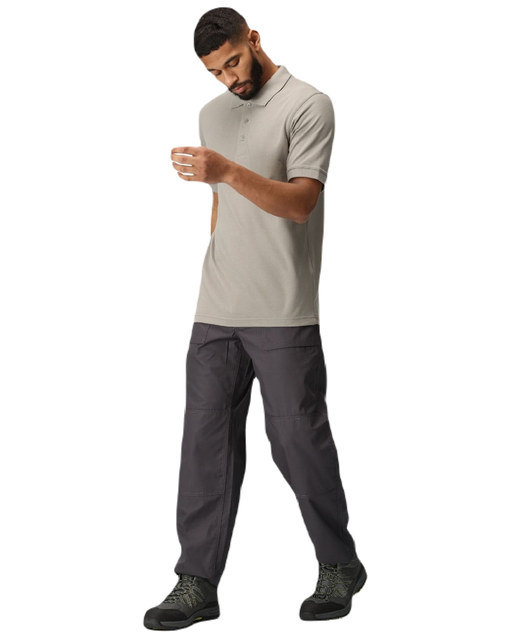 Dark Grey coloured Regatta Action Trousers on white background