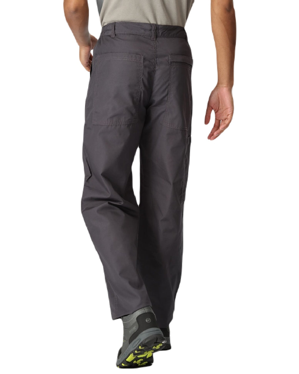 Dark Grey coloured Regatta Action Trousers on white background