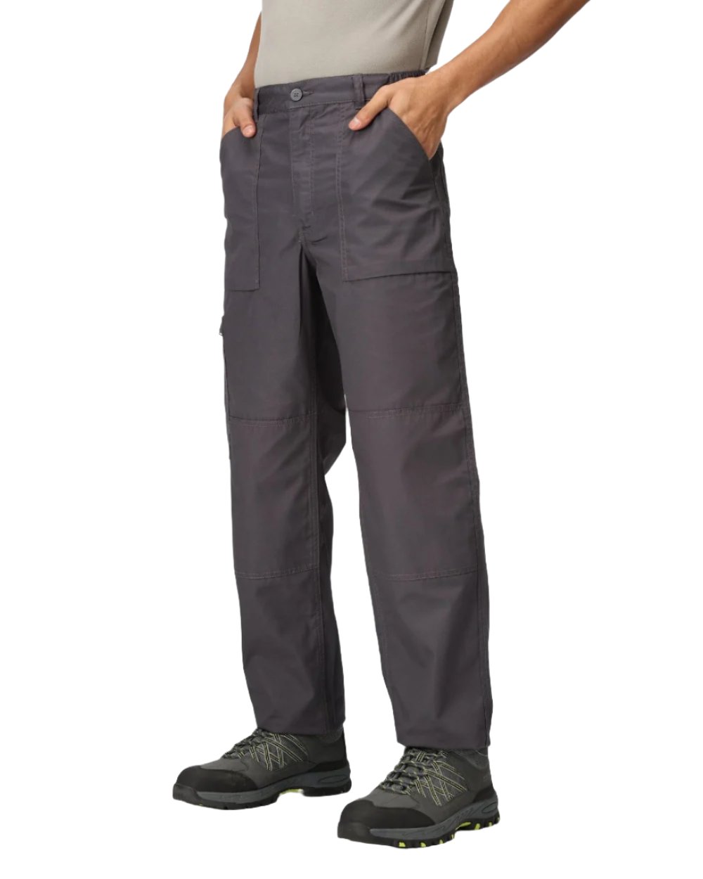 Dark Grey coloured Regatta Action Trousers on white background