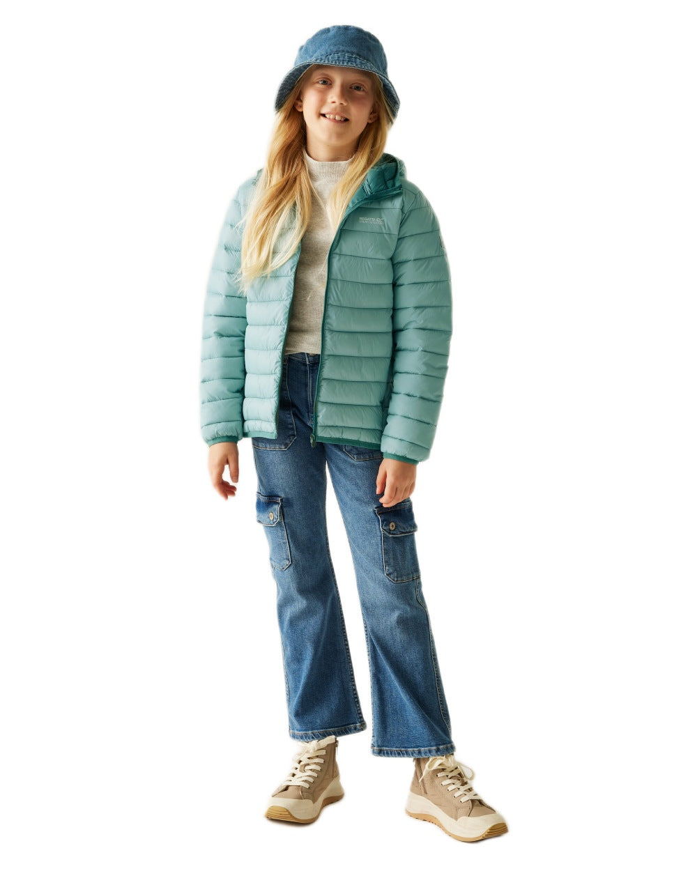 Green Haze Spruce Green Coloured Regatta Childrens Hooded Marizion Padded Jacket on white background