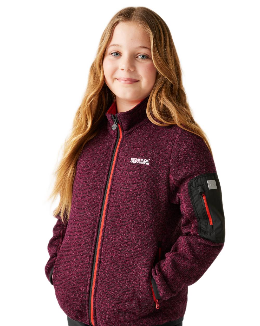 Dark Pimento Coloured Regatta Childrens Junior Newhill Full Zip Fleece Jacket on white background