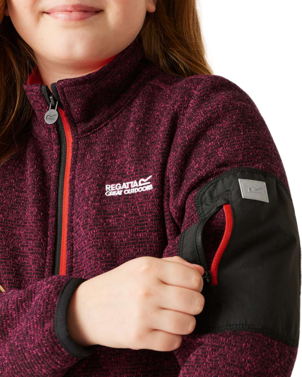 Dark Pimento Coloured Regatta Childrens Junior Newhill Full Zip Fleece Jacket on white background