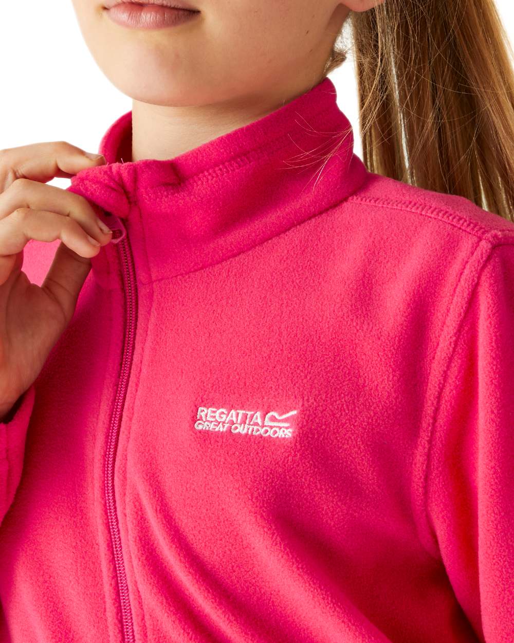 Pink Coloured Regatta Childrens King II Full Zip Fleece Jacket on outdoor background
