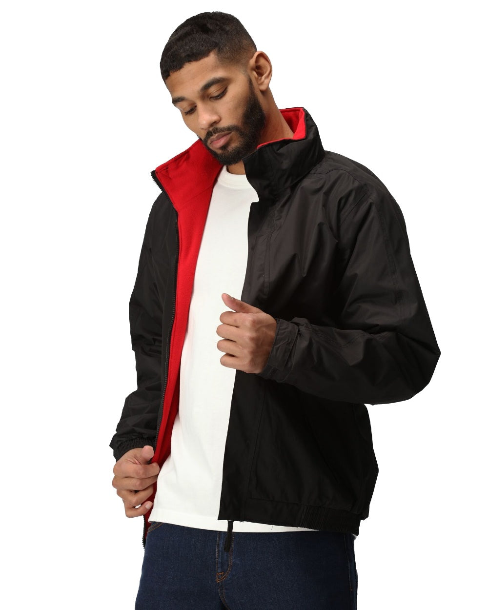 Black Classic Red coloured Regatta Dover Fleece Lined Bomber Jacket on white background
