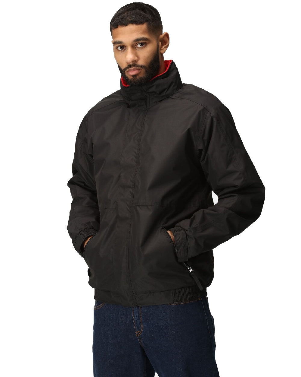 Black Classic Red coloured Regatta Dover Fleece Lined Bomber Jacket on white background