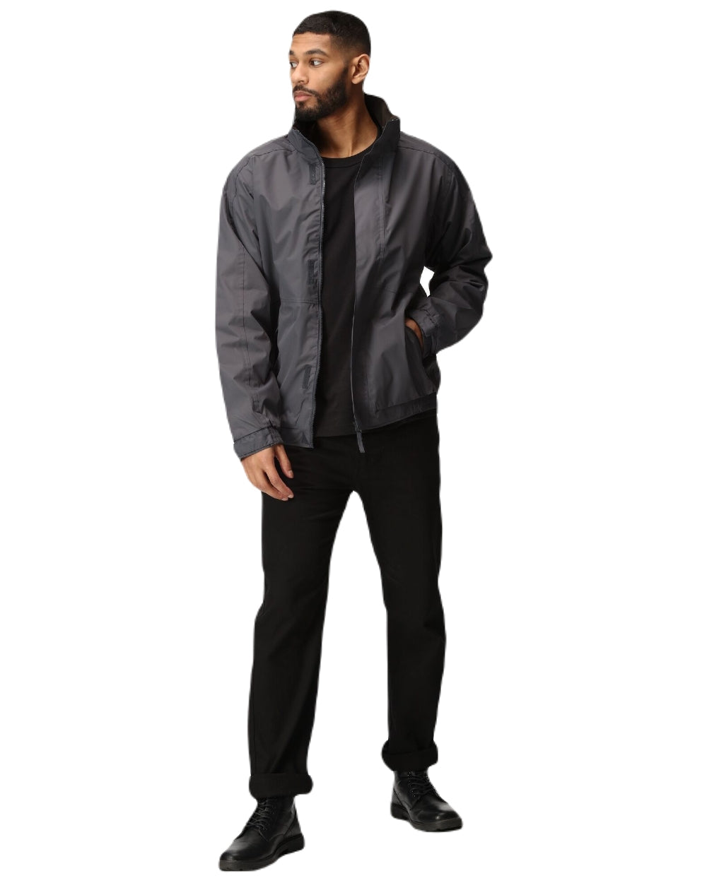 Seal Grey Black coloured Regatta Dover Fleece Lined Bomber Jacket on white background