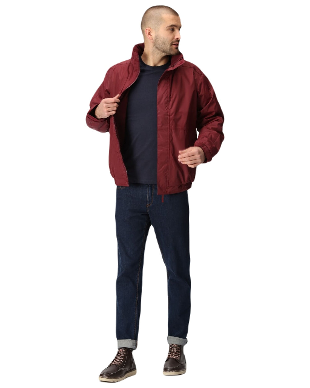 Burgundy coloured Regatta Dover Fleece Lined Bomber Jacket on white background