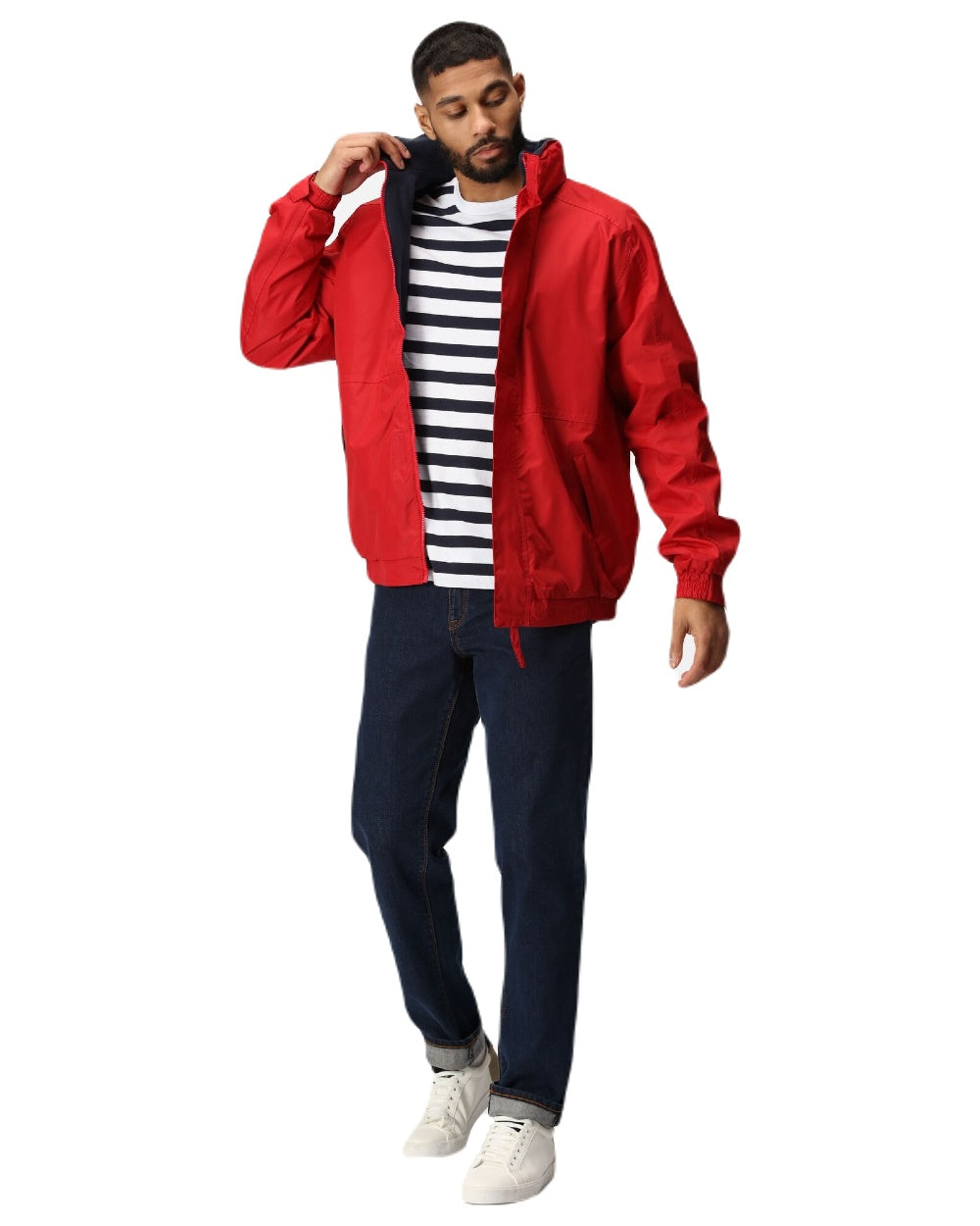 Classic Red Navy coloured Regatta Dover Fleece Lined Bomber Jacket on white background