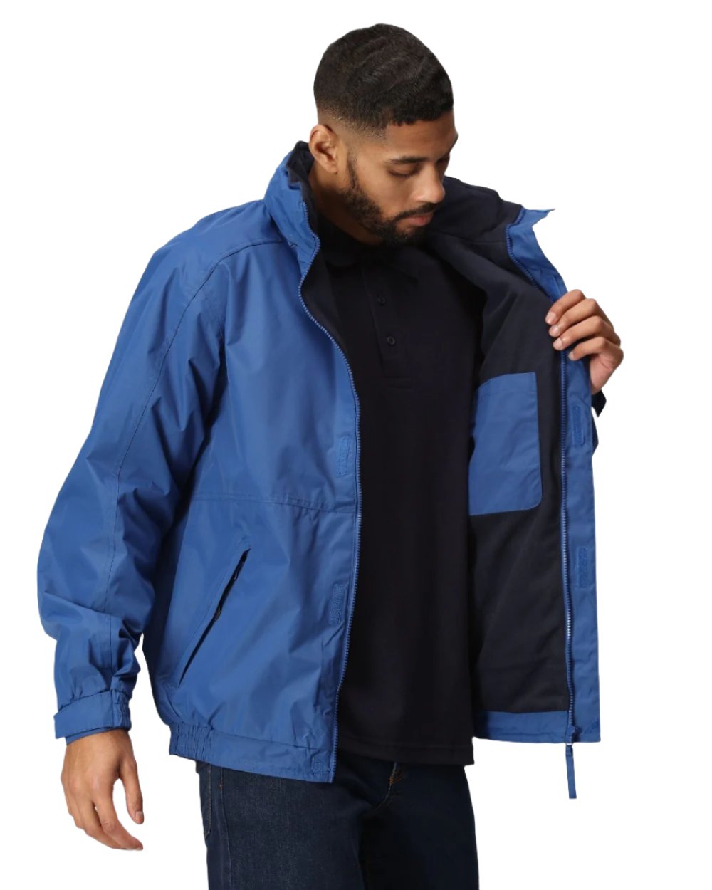 Royal Blue Navy coloured Regatta Dover Fleece Lined Bomber Jacket on white background