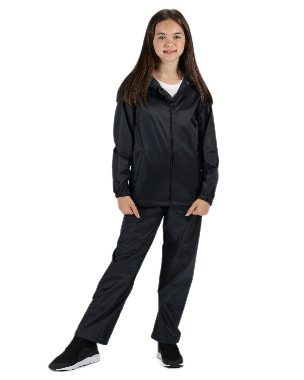 Navy coloured Regatta Kids Pro Stormbreak Waterproof Overtrousers on white background